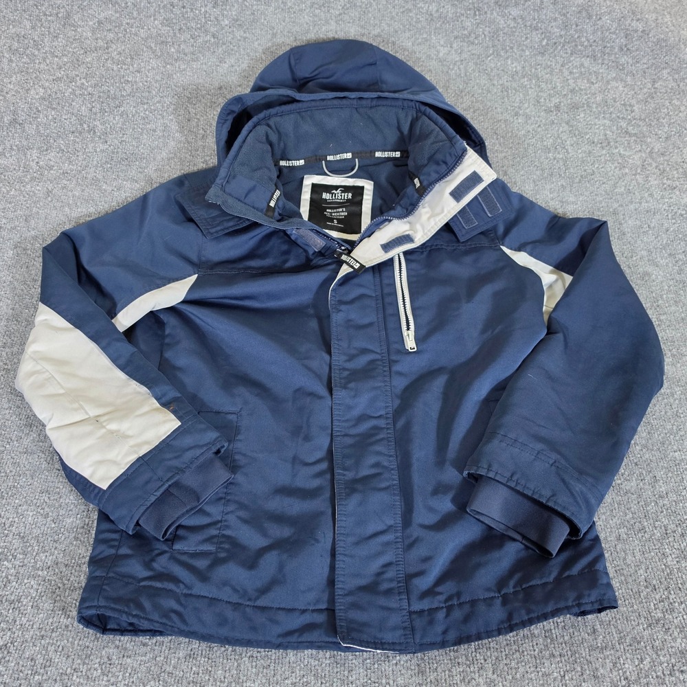2000s Hollister AllWeather Hooded Parka Jacket Navy Blue Small Fleece Colorblock